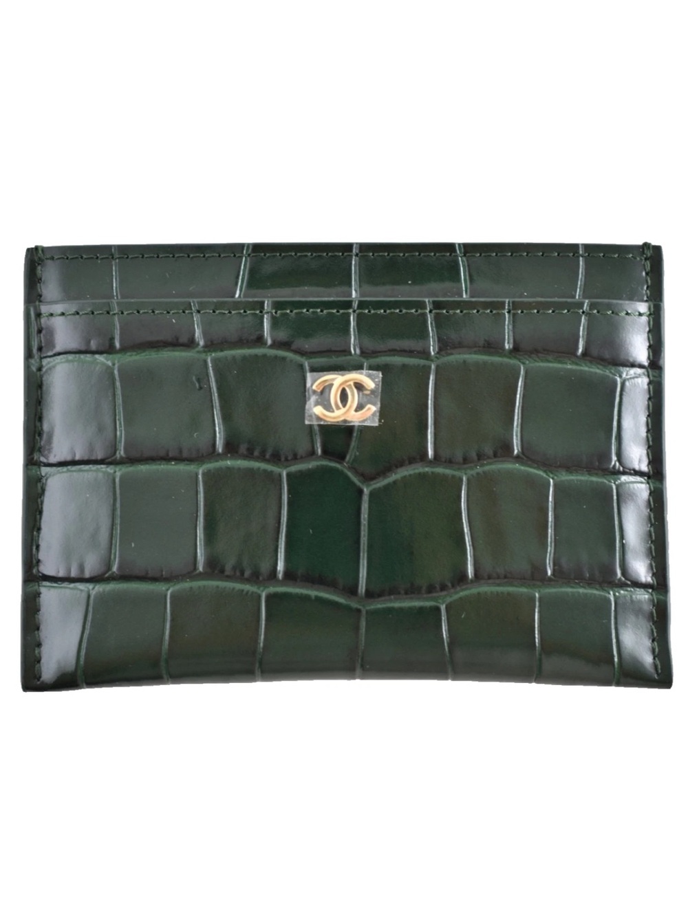 Chanel 26S Emerald Green Crocodile Embossed Croc Gold Credit Card Holder Wallet